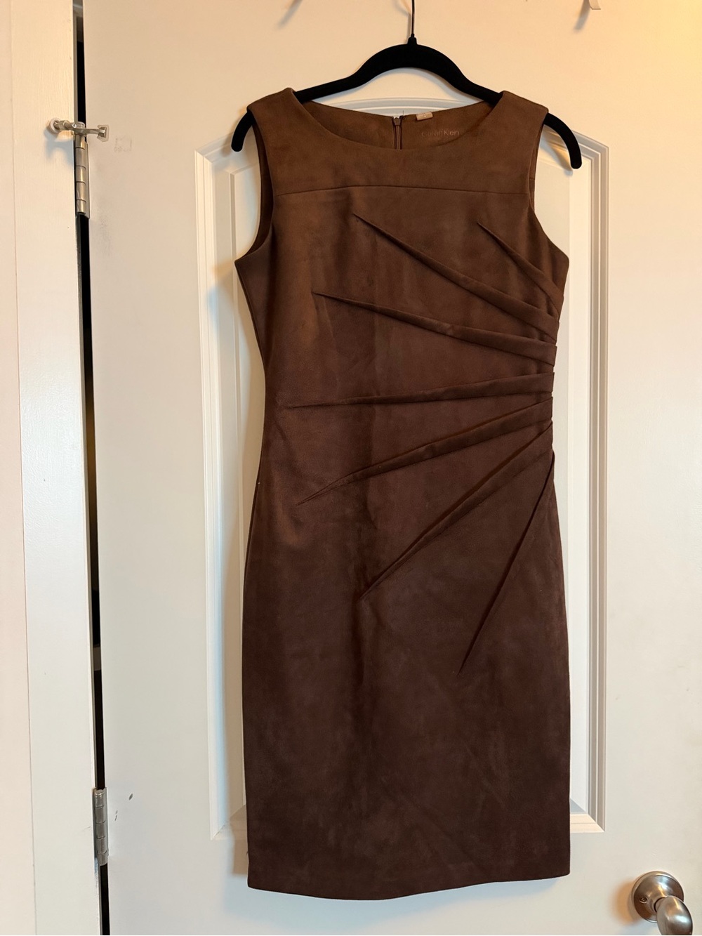Calvin Klein Brown Sleeveless Sheath Dress with Sculpted Pleats Suede